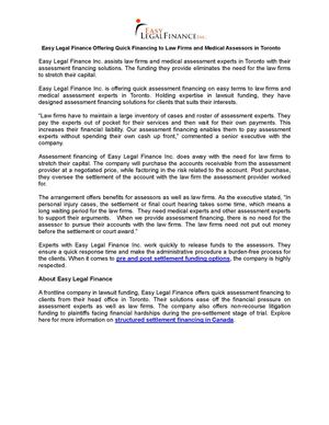 Easy Legal Finance Offering Quick Financing to Law Firms and Medical Assessors in Toronto