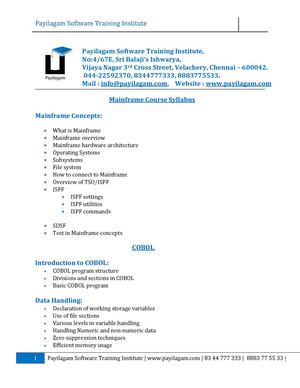 Mainframe Training Syllabus from Payilagam Software Training Institute