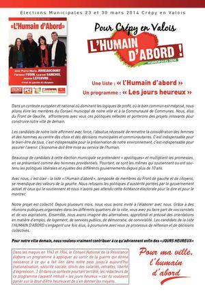 Profession de foi municipales Front de gauche Crépy en Valois