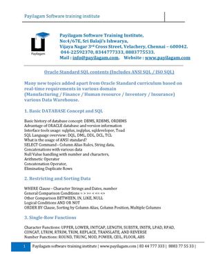 Payilagam Oracle SQL Training Syllabus