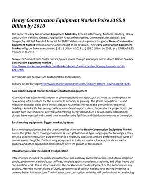 Heavy Construction Equipment Market Poise $195.0 Billion by 2018