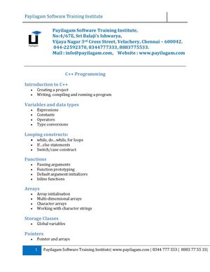 Payilagam Software Training institute C++ Syllabus