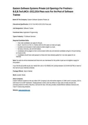 Eastern Software Systems Private Ltd Openings For Freshers
