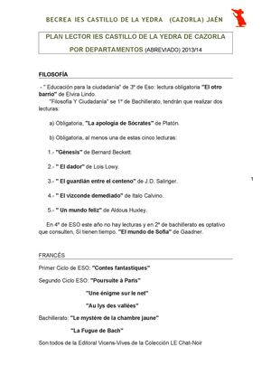 PLAN LECTOR ABREVIADO BECREA IES "CASTILLO DE LA YEDRA" (2013-14)