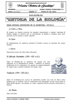 PLAN  LECTOR - HISTORIA DE LA BIOLOGÍA