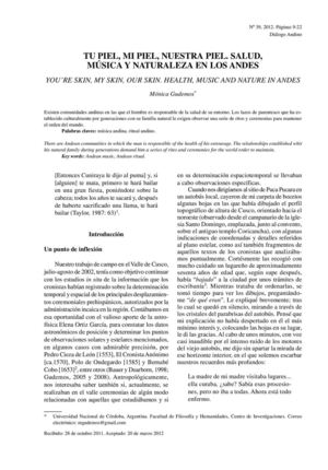 GUDEMOS, Mónica L. (2012) TU PIEL, MI PIEL, NUESTRA PIEL. SALUD, MÚSICA Y NATURALEZA EN LOS ANDES. En la Revista Diálogo Andino Nº 39, 2012. Páginas 9-22.