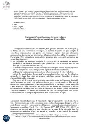 L’argument d’autorité dans une discussion en ligne : manifestations discursives et régime d’acceptabilité