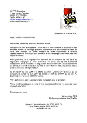 LETTRE INVITATION VINIBIO 2014 LYCEE AGRICOLE DE RIVESALTES