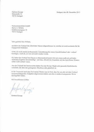 Empfehlungsschreiben Immobilienverkauf Stuttgart Bad Cannstatt