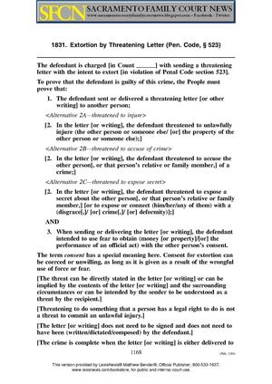 CALCRIM-1831-Extortion by Threatening Letter Penal Code 523 - Judicial Council of California Criminal Jury Instructions - Sacramento Family Law Court - Lawyer Misconduct - Judge Misconduct - Supreme Court of California - 3rd District Court