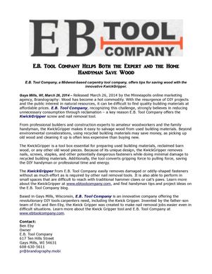 E.B. Tool Company Helps Both the Expert and the Home Handyman Save Wood