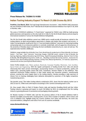 Indian Tooling Industry Expect To Reach 21,000 Crores By 2015