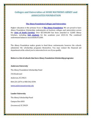 Colleges and Universities at SUSIE MATHEWS ABNEY and ASSOCIATES FOUNDATION