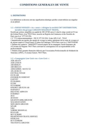 Conditions générales de Ventes HAVAS VOYAGES