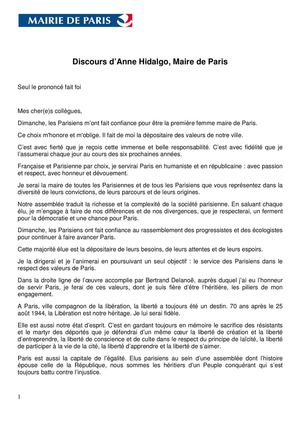 Discours d'investiture d'Anne Hidalgo