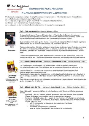 Propositions pour preparation à la Premiere des Communions et à la Confirmation