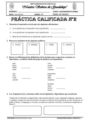 PRÁCTICA CALIFICADA HIPÓNIMOS-HIPERÓNIMOS