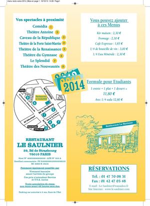 Restaurant Le Saulnier Paris : les menus
