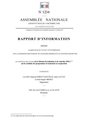 Rapport parlementaire sur la mission d’évaluation et de contrôle (MEC) sur la conduite des programmes d’armement en coopération