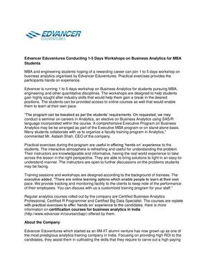 Edvancer Eduventures Conducting 1-5 Days Workshops on Business Analytics for MBA Students