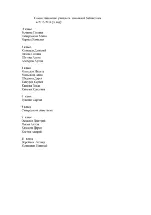 Самые читающие учащиеся школы в 2013