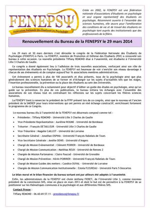 Communiqué de Presse - Renouvellement du bureau national de la FENEPSY