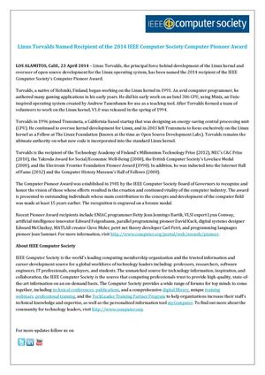 Linus Torvalds Named Recipient of the 2014 IEEE Computer Society Computer Pioneer Award