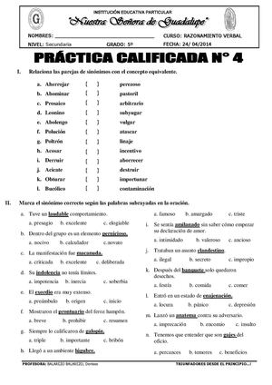 PRÁCTICA CALIFICADA DE SINÓNIMOS 5to - 2