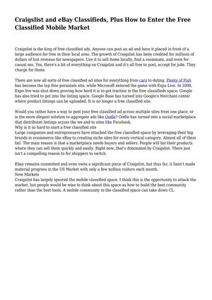 Craigslist and eBay Classifieds, Plus How to Enter the Free Classified Mobile Market