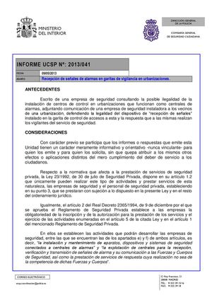 INFORME UCSP Nº: 2013/041 Recepción de señales de alarmas en garitas de vigilancia en urbanizaciones. 