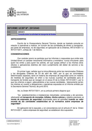 INFORME UCSP Nº: 2013/043 Consulta sobre la actividad de transporte de fondos. 