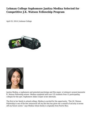 Lehman College Sophomore Janitza Medina Selected for Competitive J.K. Watson Fellowship Program