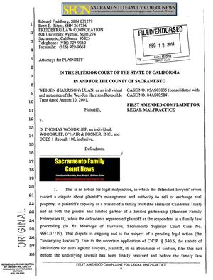 Million Dollar Malpractice Lawsuit Against Sacramento Family Law Firm Woodruff O'Hair Posner & Salinger Inc and Partner D. Thomas Woodruff Sacramento County Superior Court Filed by Former Client Wei-Jen Luan