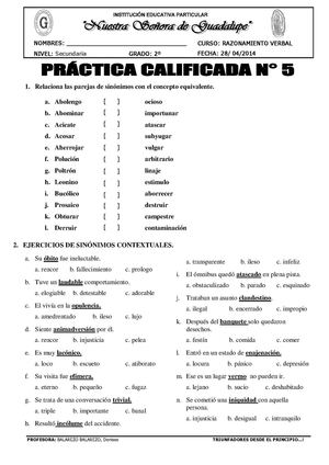 PRÁCTICA DE SINÓNIMOS 2do - 2