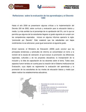 Reflexiones sobre la evaluación de los aprendizajes y el Decreto 1290