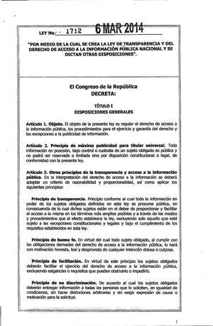 LEY 1712 DEL 06 DE MARZO DE 2014 DERECHO A LA INFORMACIÓN PÚBLICA