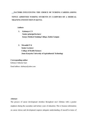 FACTORS INFLUENCING THE CHOICE OF NURSING CAREER AMONG NEWLY ADMITTED NURSING STUDENTS IN CAMPUSES OF A MEDICAL TRAINING INSTITUTION IN KENYA