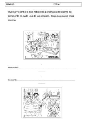 Inventa y escribe lo que hablan los personajes del cuento de Cenicienta en cada una de las escenas.