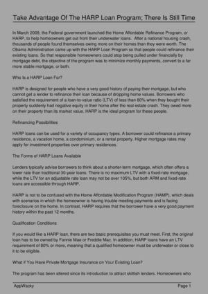 Take Advantage Of The HARP Loan Program; There Is Still Time