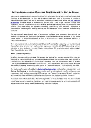 San Francisco Accountant @ Accelero-Corp Renowned For Start-Up Services