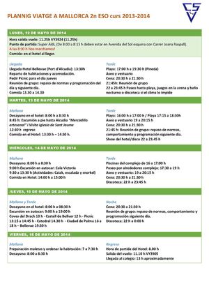 Plannig viatge a Mallorca 2n d'ESO 2013 - 2014