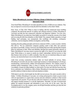 Baker, Bloomberg & Associates Offering a Range of Debt Recovery Solutions to Interested Clients