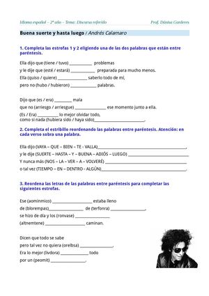 Canción de Calamaro: Buena suerte y hasta luego - Ejercicios