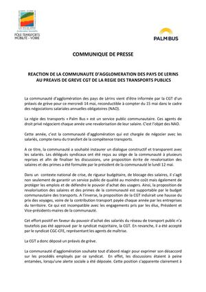 Réaction Communauté d'agglomération Pays de Lérins - Grève des Transports Publics