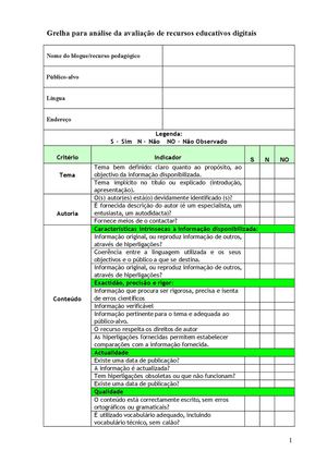 Grelha de Análise para Recursos Eletrónicos  