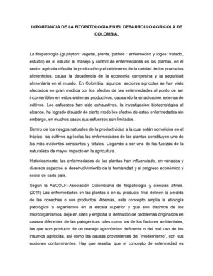 IMPORTANCIA DE LA FITOPATOLOGIA EN COLOMBIA-Aspectos preliminares.