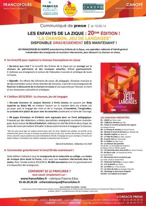 Communiqué de presse - Enfants de la Zique 20ème édition