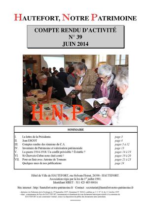 Hautefort, Notre Patrimoine - Compte rendu d'activité n°39 - juin 2014