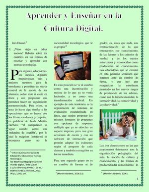 Aprender y Enseñar en la Cultura Digital de Ines Dussel  Edgar A Medina C Resumen Revista.  