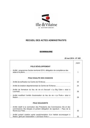 Ille-et-Vilaine - Recueil N° 458 : décisions de la CP du 28/04/2014 et arrêtés